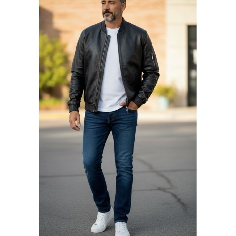 AR Mens Black Leather Bomber Jacket Embossed Grid Pattern Zip‎ L/G Luxury lining